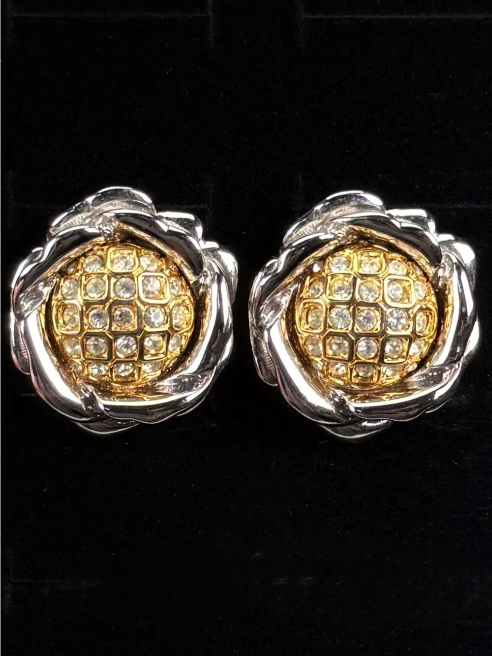 Vintage Nolan Miller, goldtone and silvertone weighted flower clip on earrings